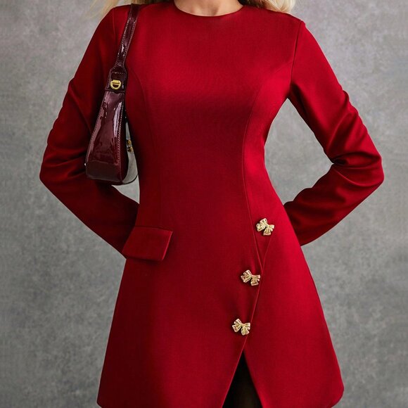 Burgundy Elegant Women's Asymmetric Hem Round Neck Dress - Picture 5 of 8